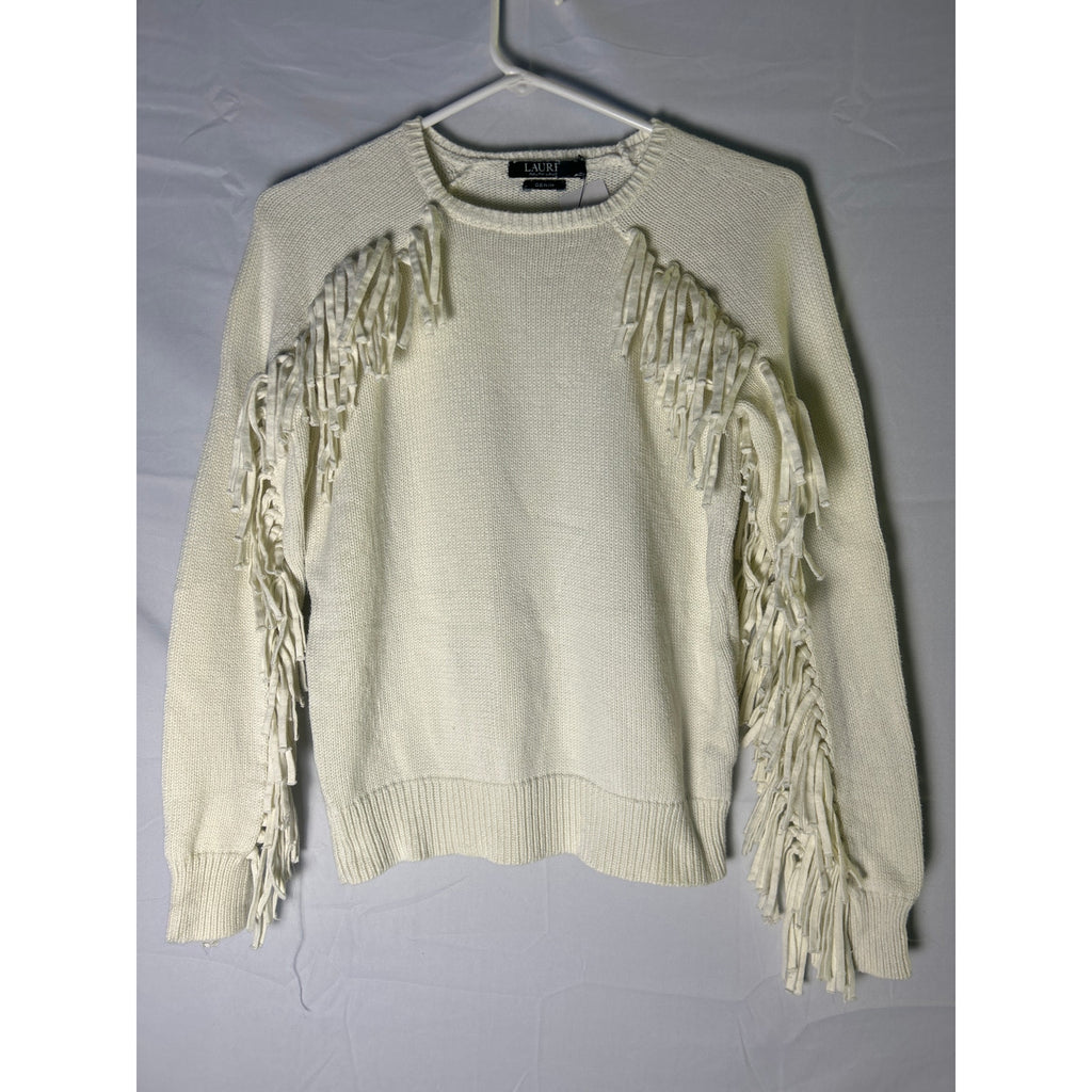 Ralph Lauren White Crew Neck Fringed Cotton Pullover Sweater Women's Size Small
