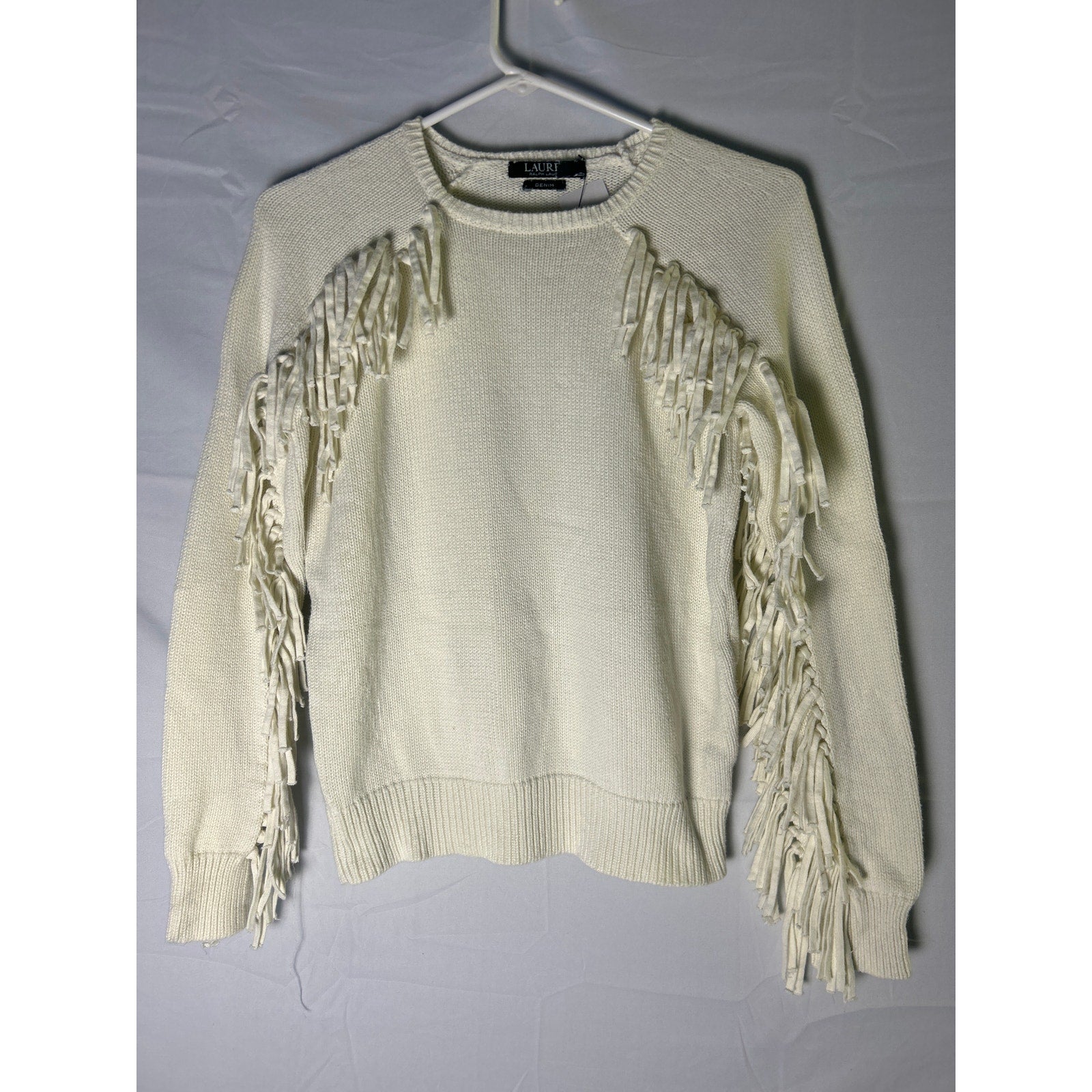 Ralph Lauren White Crew Neck Fringed Cotton Pullover Sweater Women's Size Small