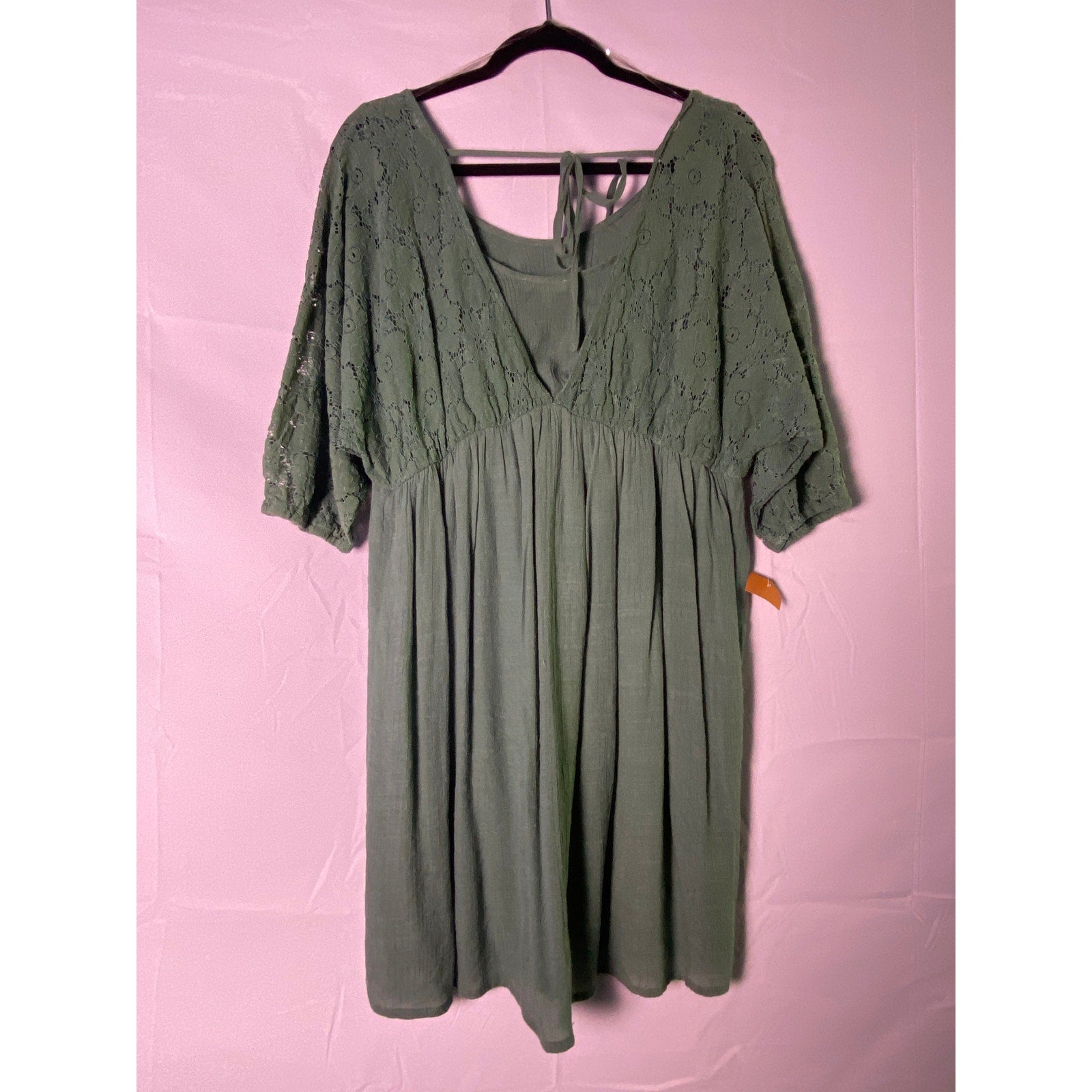 Green Crochet Lace Short Sleeve Pleated Babydoll Dress Women's Size Medium