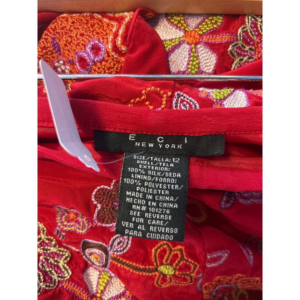 ECI New York Red Embroidered 100% Silk Pleated Flared Hem Skirt Women's Size 12