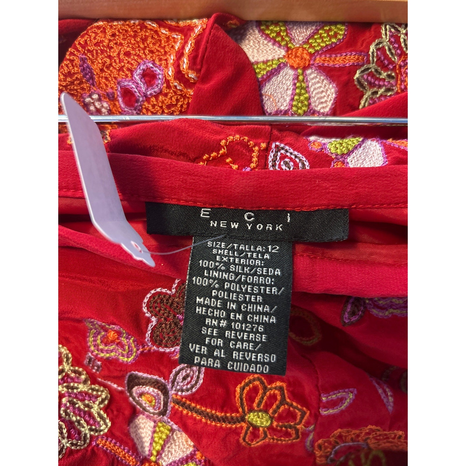 ECI New York Red Embroidered 100% Silk Pleated Flared Hem Skirt Women's Size 12