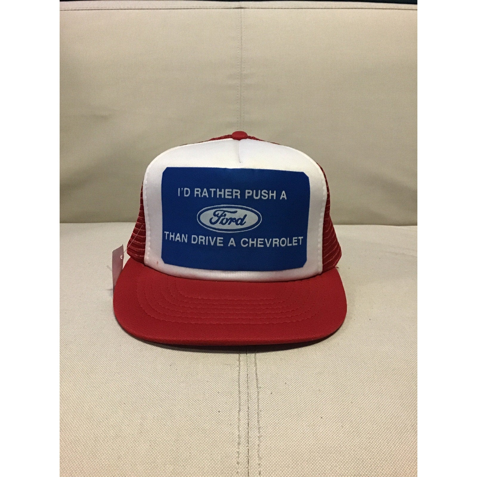 I'd Rather Push A Ford Than Drive A Chevrolet Mesh Snap Back Trucker Hat Red