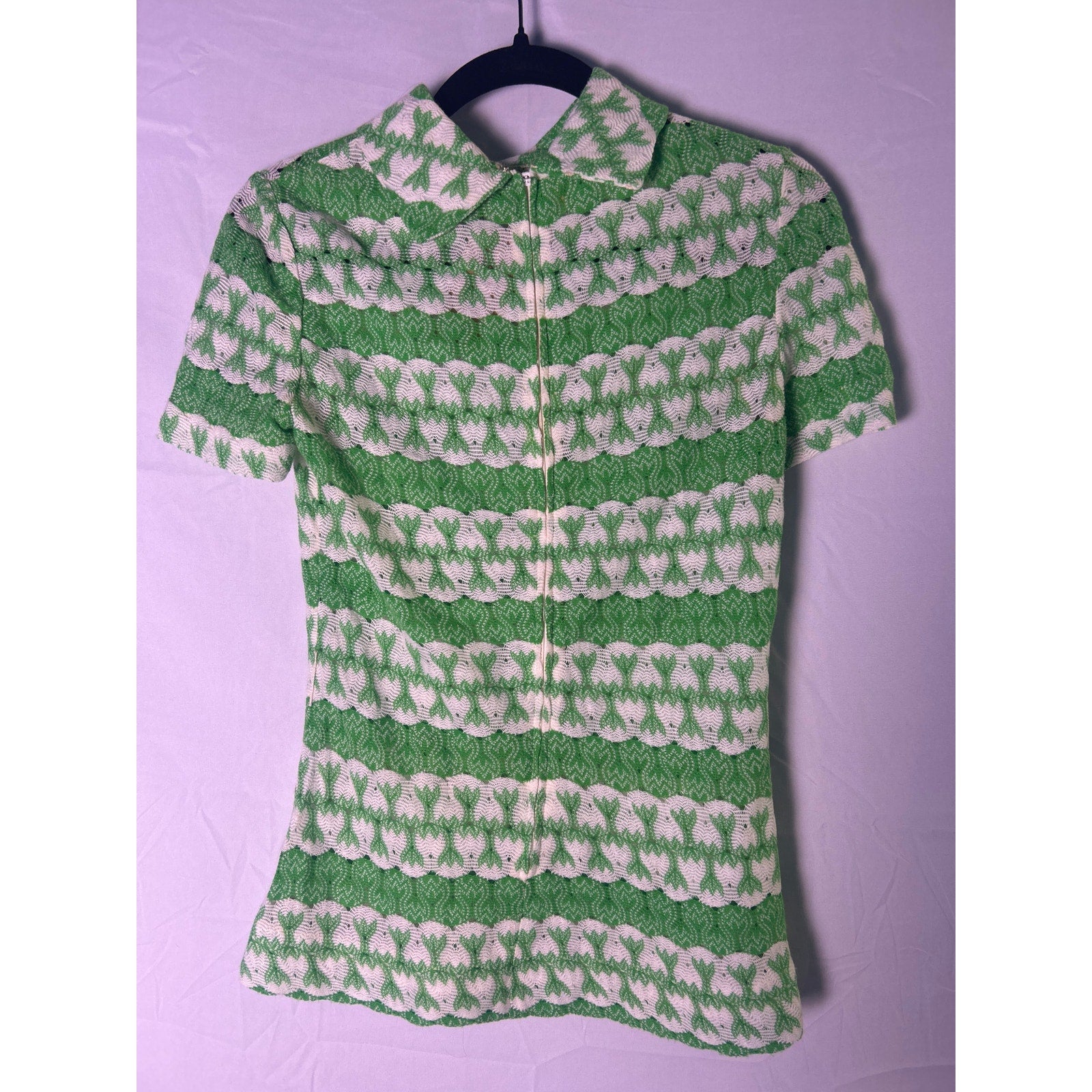 Vintage 60s/70s Arc Polo Green White Allover Print Half Zip Shirt Women's Size 8