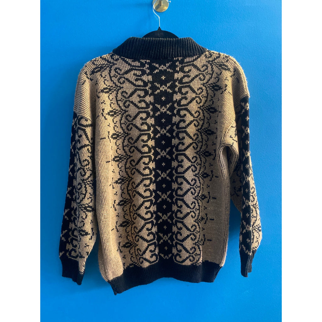 Vintage Arielle Metallic  Beige Black Sweater Icelandic Knit Pattern Small
