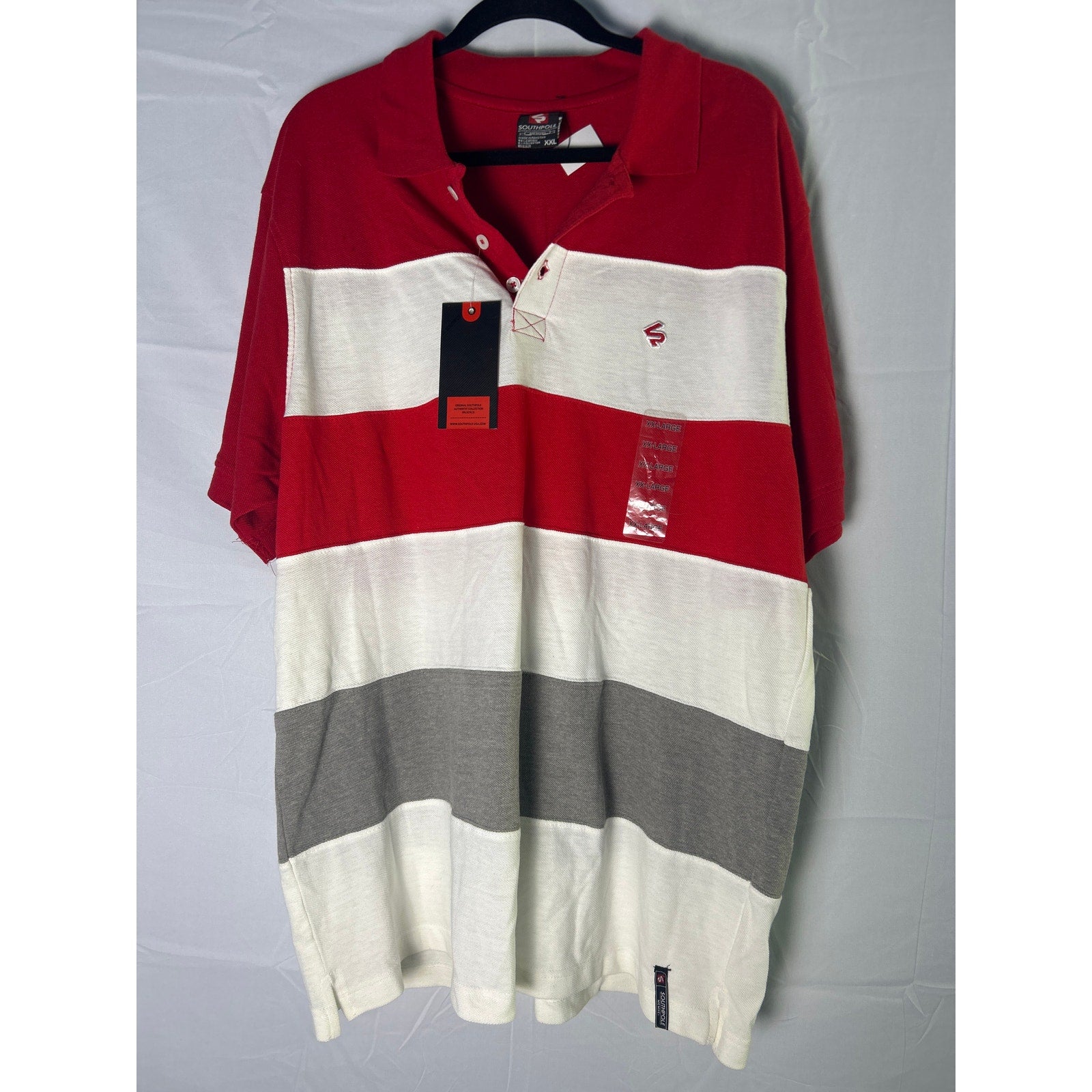 Vintage Southpole White Red Gray Striped Short Sleeve Polo Shirt Men's Size XXL
