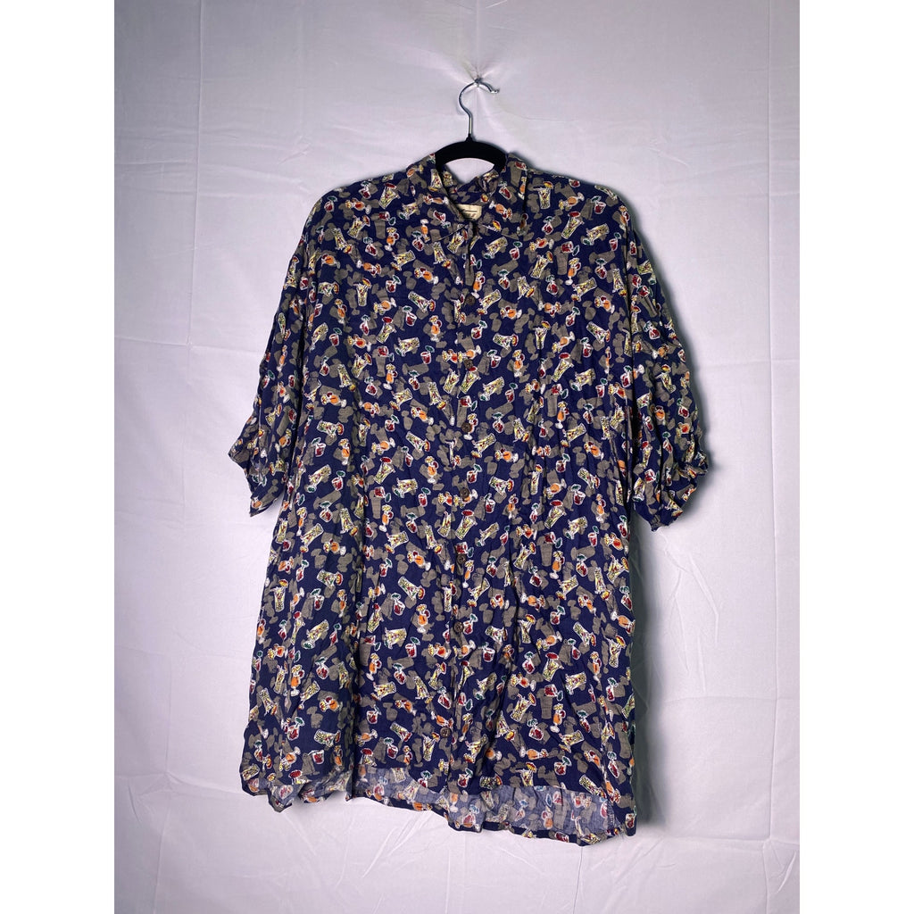 Natural Issue Rayon Navy Button Down Short Sleeve w/ Cocktail Print Men's Small