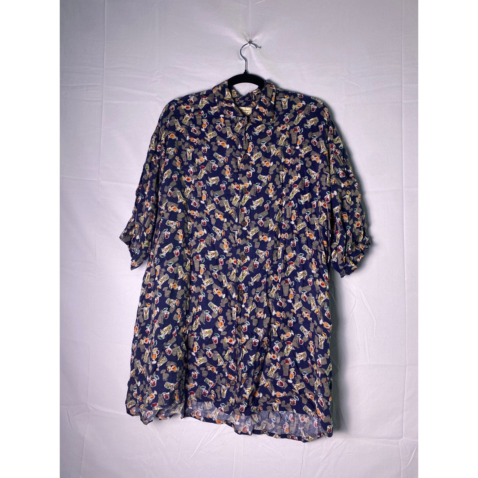 Natural Issue Rayon Navy Button Down Short Sleeve w/ Cocktail Print Men's Small