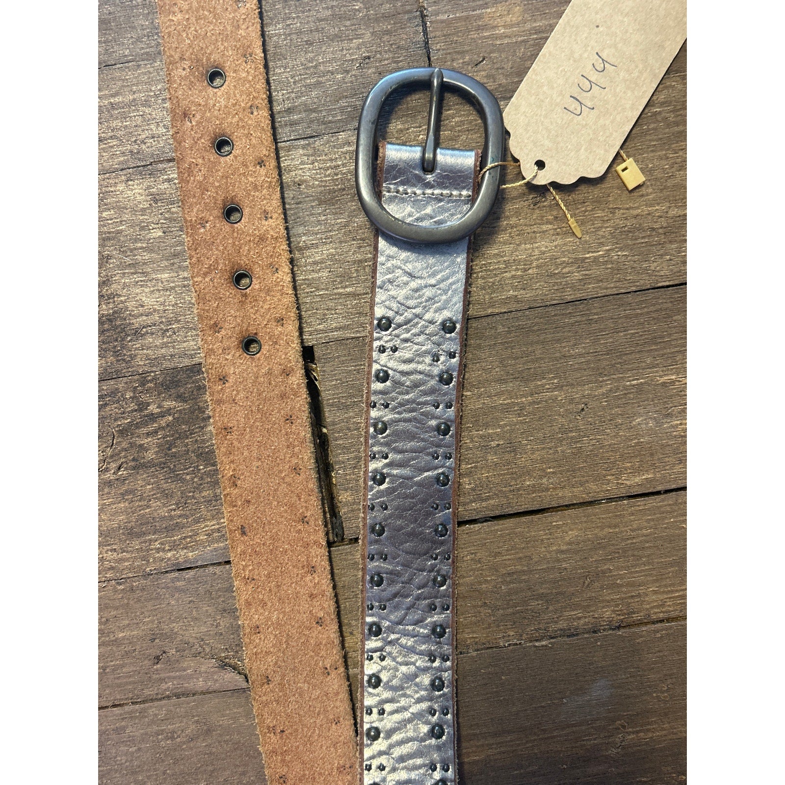 Fossil Metallic Studded Leather Belt w/ Brass Buckle