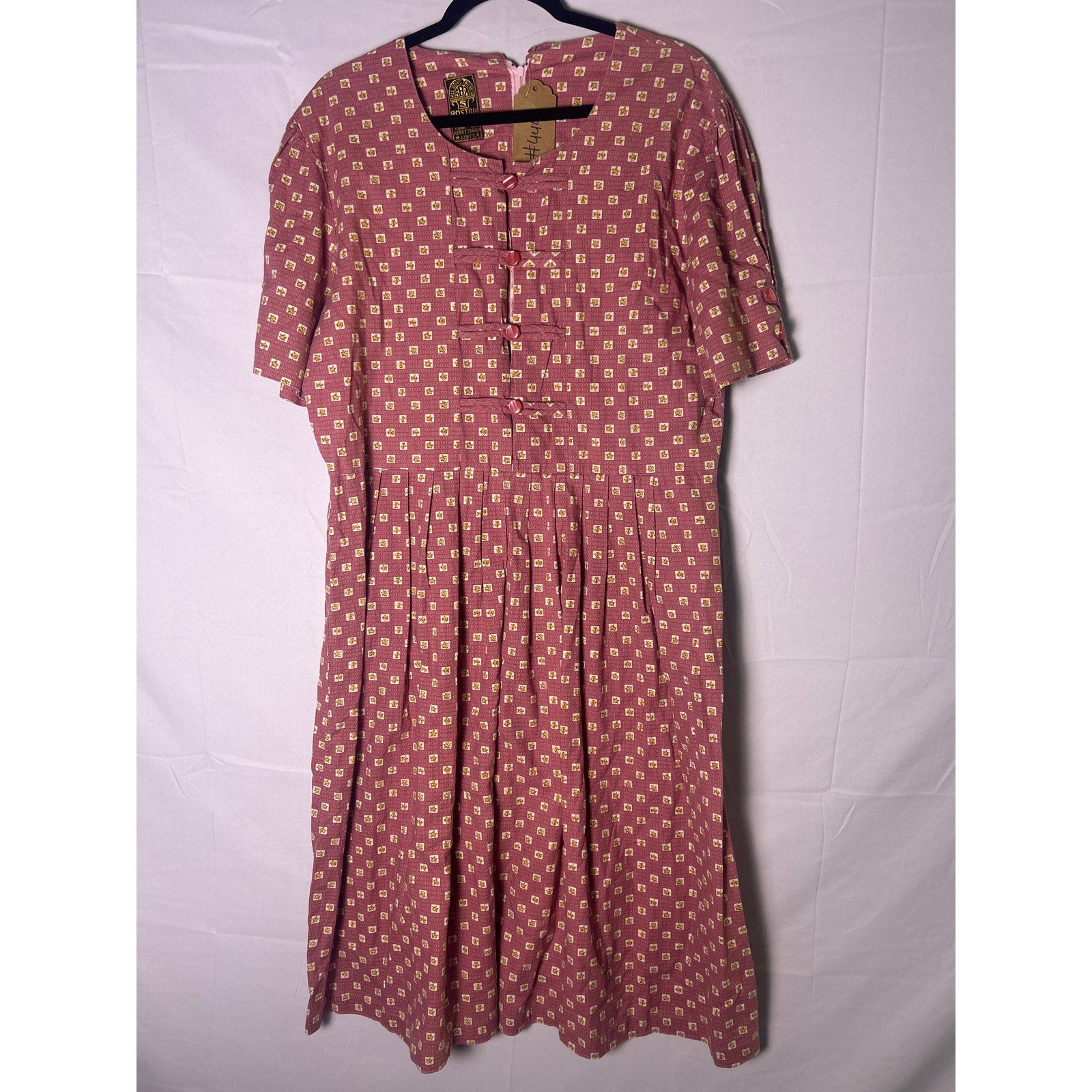 Vintage Pink Floral Print Midi Pleated A-line Dress Quarter Buttons Women's XL