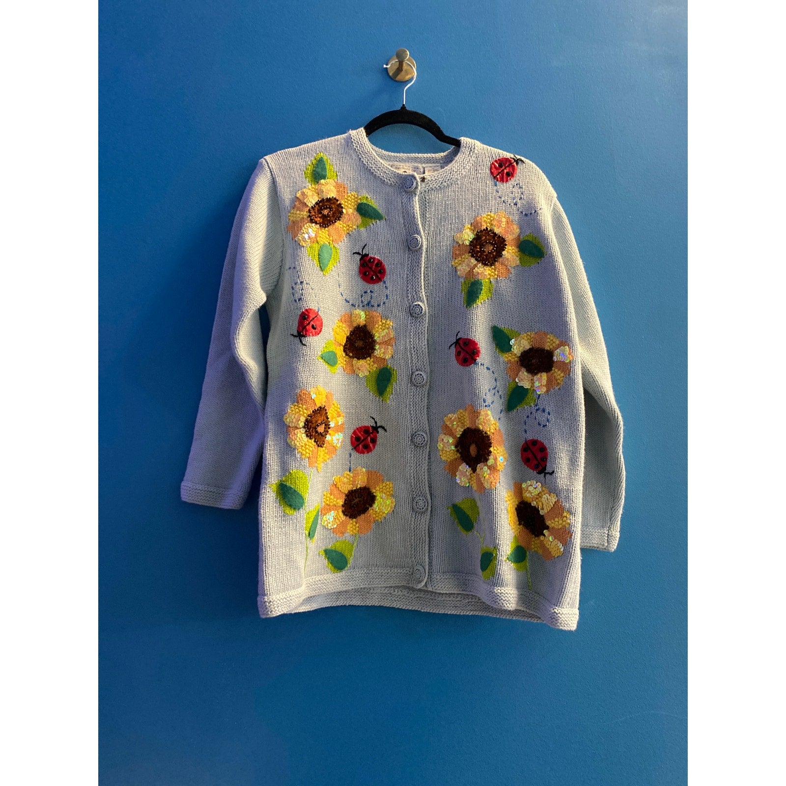 Storybook Knits Blue Button Up Cardigan Sweater w/ Daisies and Red Bugs Medium