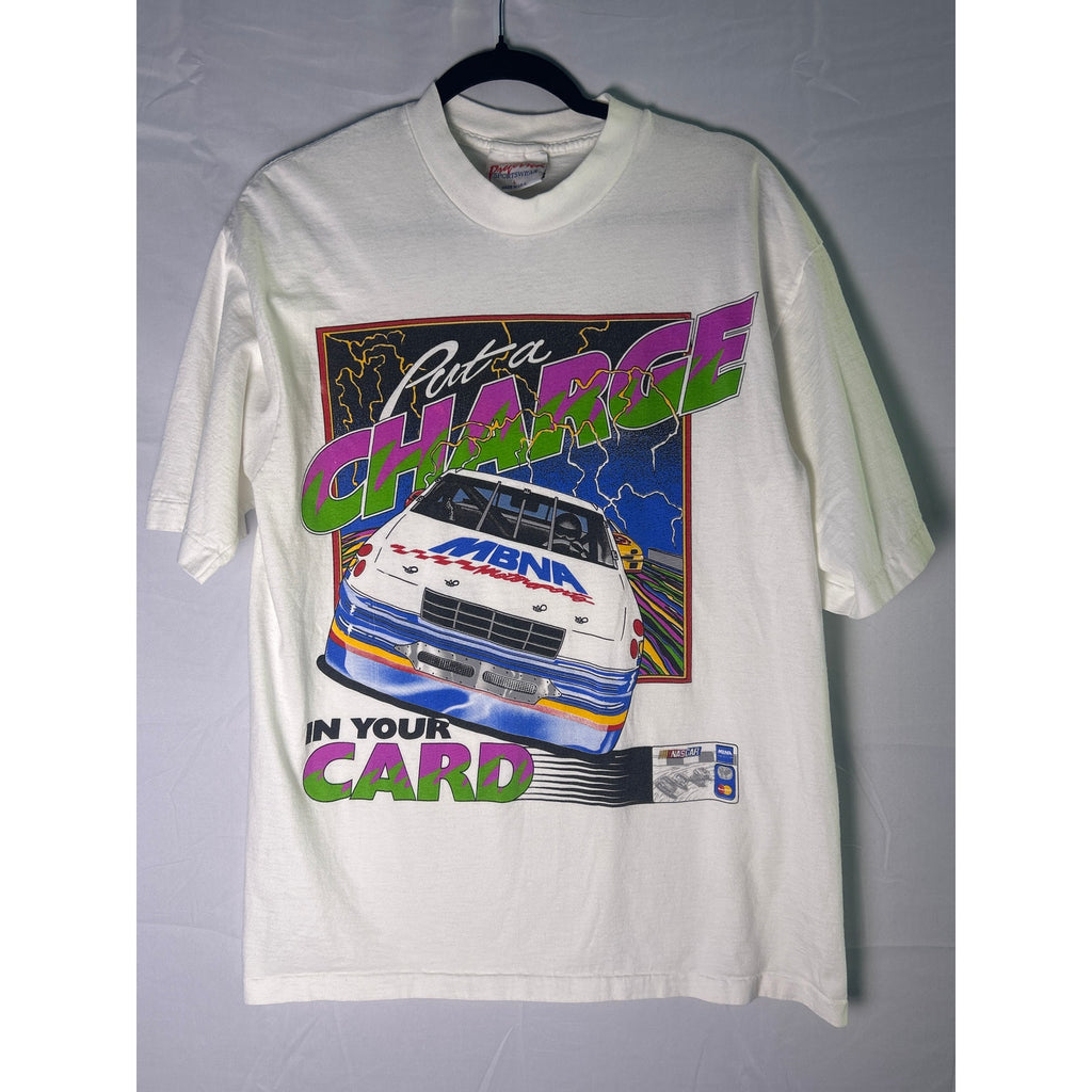Vintage MBNA Nascar Puta Charge In Your Card Lightning White Shirt Men's Large