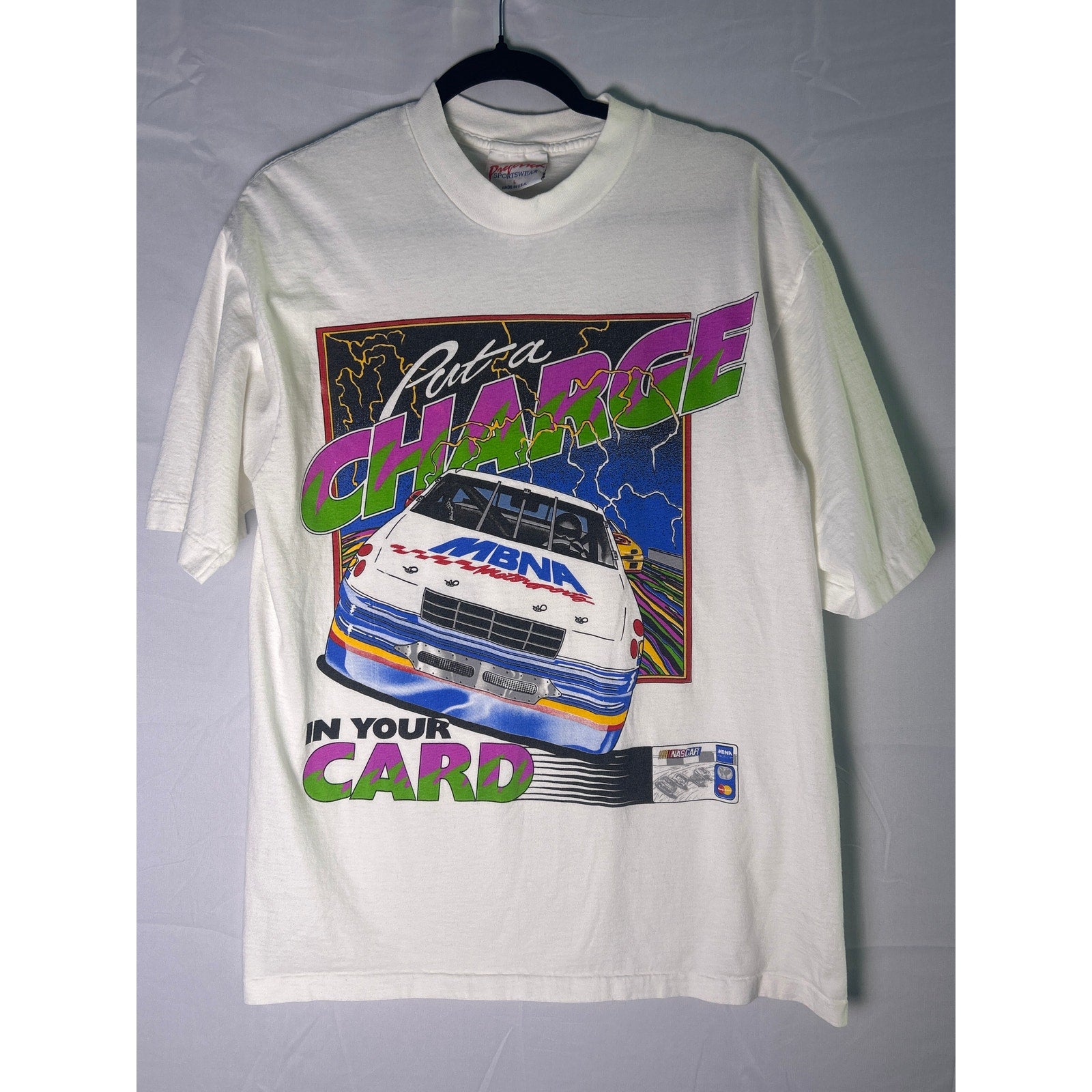 Vintage MBNA Nascar Puta Charge In Your Card Lightning White Shirt Men's Large
