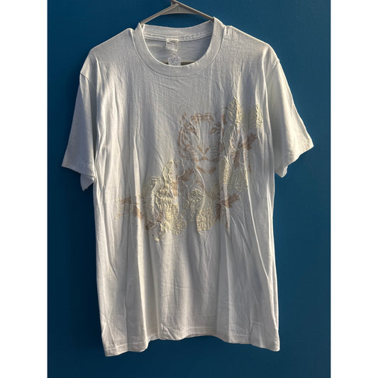 Embroidered Floral Leaves Tiger Print White Tee Shirt Men's Size Large