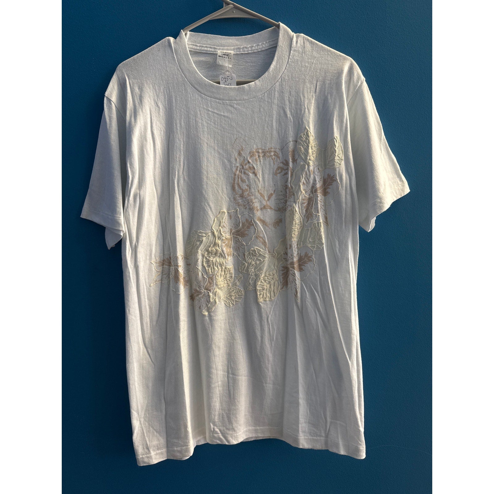 Embroidered Floral Leaves Tiger Print White Tee Shirt Men's Size Large