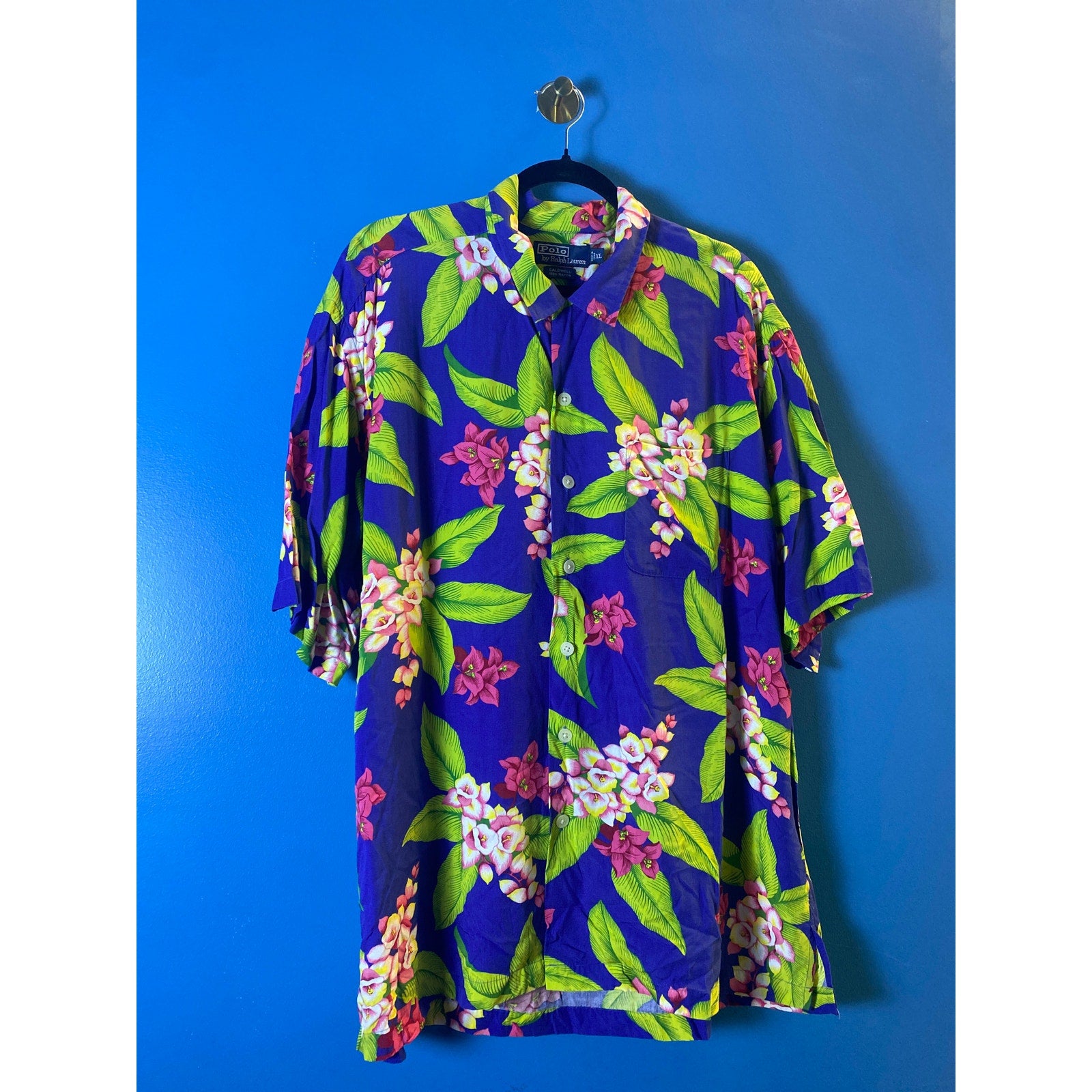 Vintage Polo Ralph Lauren Blue Green Floral Hawaiian Button Up Shirt Caldwell XL