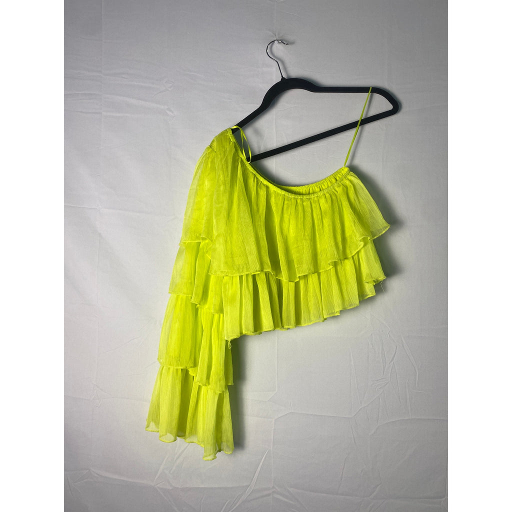 One Shoulder Tiered Sleeve Top Lime Green Women's Size Small