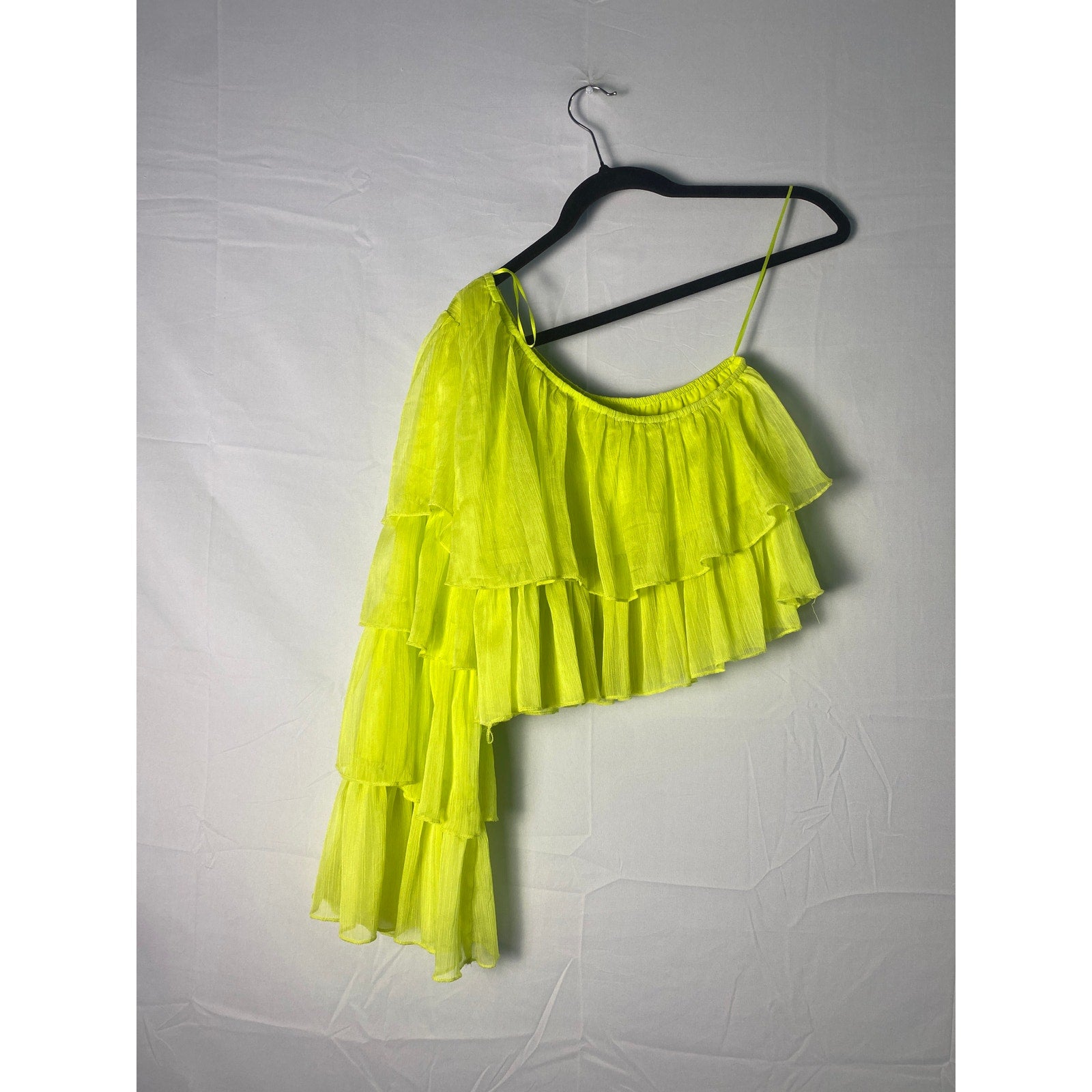 One Shoulder Tiered Sleeve Top Lime Green Women's Size Small
