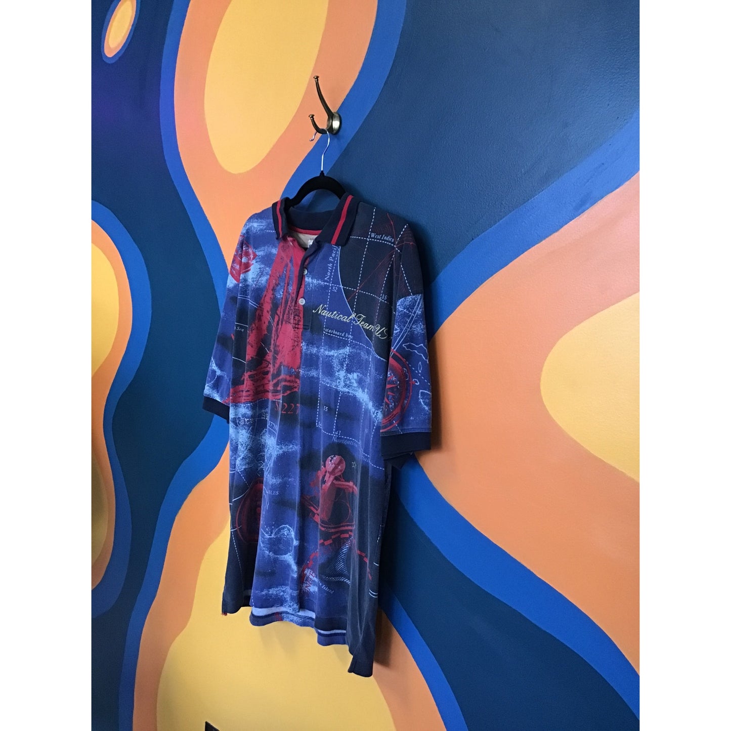 Cotton Traders Nautical Team Allover Print Short Sleeve Polo Shirt Men's XL