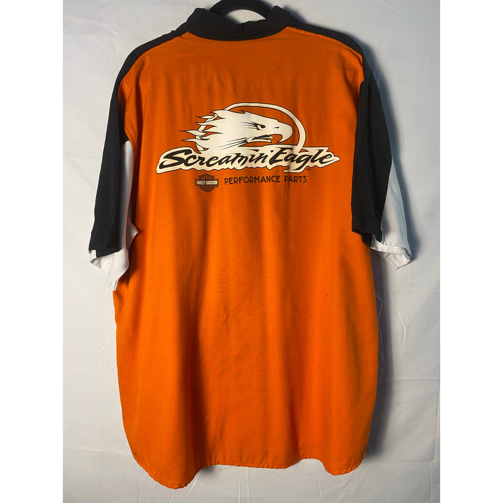 Harley Davidson Screamin Eagle Orange Black Button Up Short Sleeve Shirt Size XL