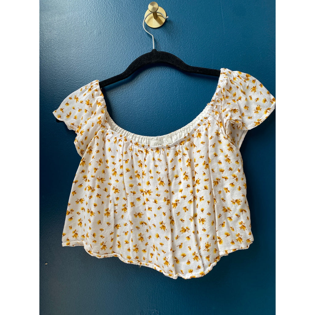 Forever 21 Cream w/ Yellow Floral Off Shoulder Crop Top Womens Size Small