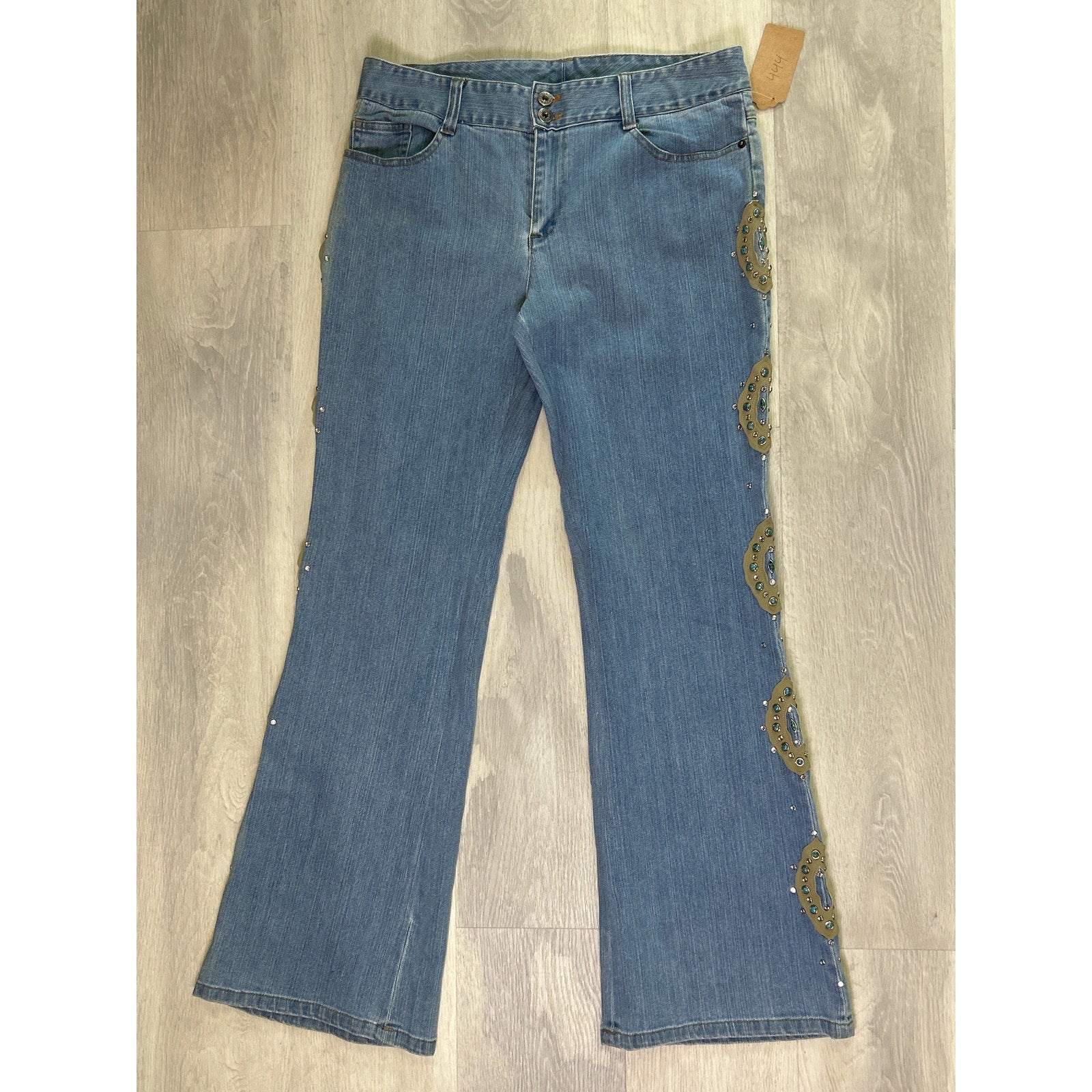 Y2K Suzanne Somers Embellished Bootcut Blue Denim Light Wash Jeans Size 12AS IS