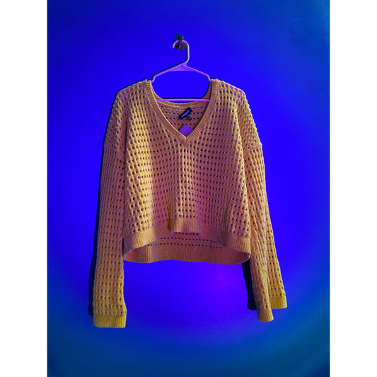 Express Yellow V-neck Open Knit Chenille Pullover Sweater Women's Size Small