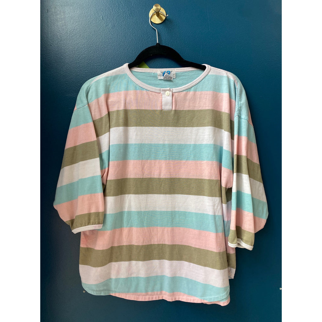 Vintage 80s 62 East Pastel Striped Dolman Henley Top Long Sleeve Women's Medium