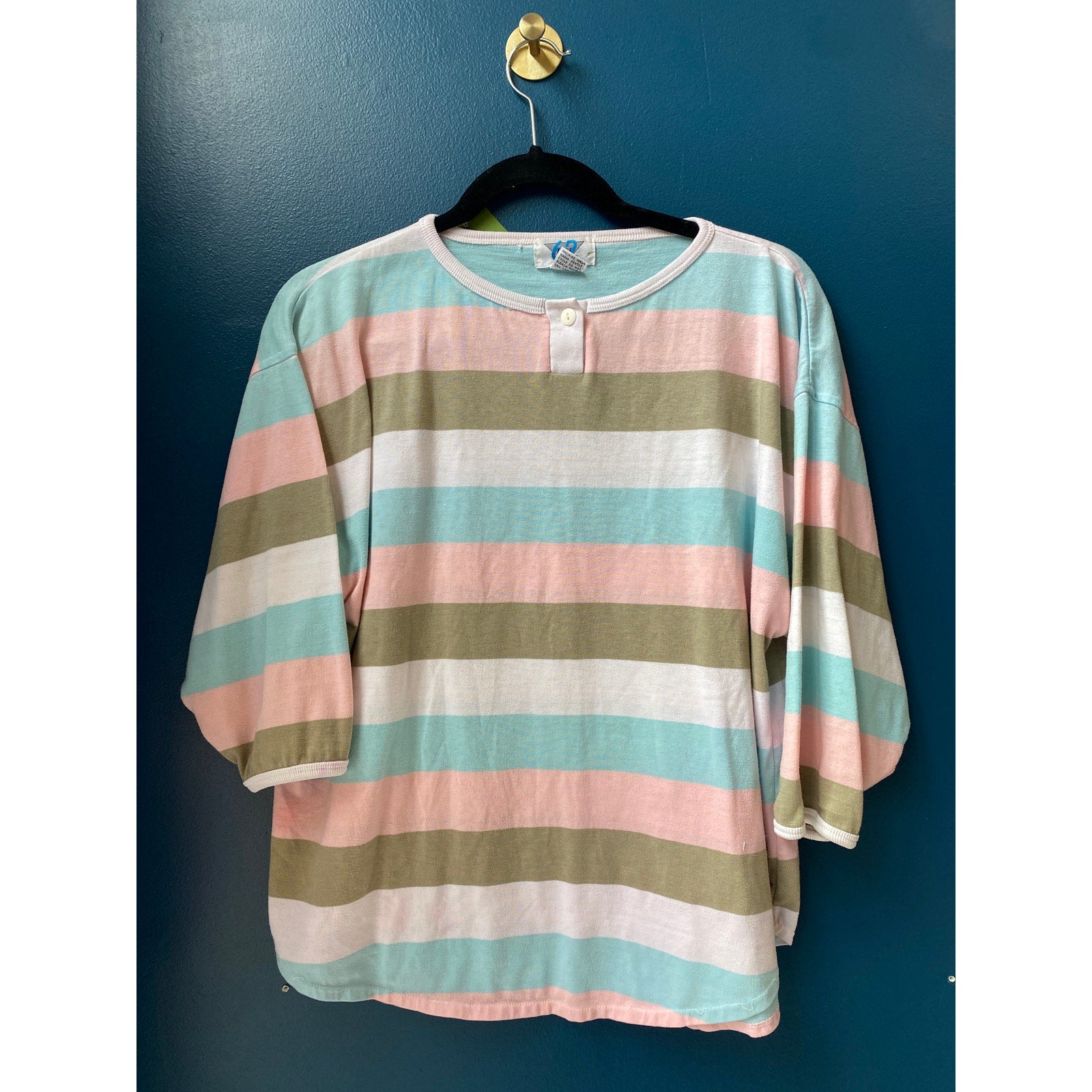 Vintage 80s 62 East Pastel Striped Dolman Henley Top Long Sleeve Women's Medium