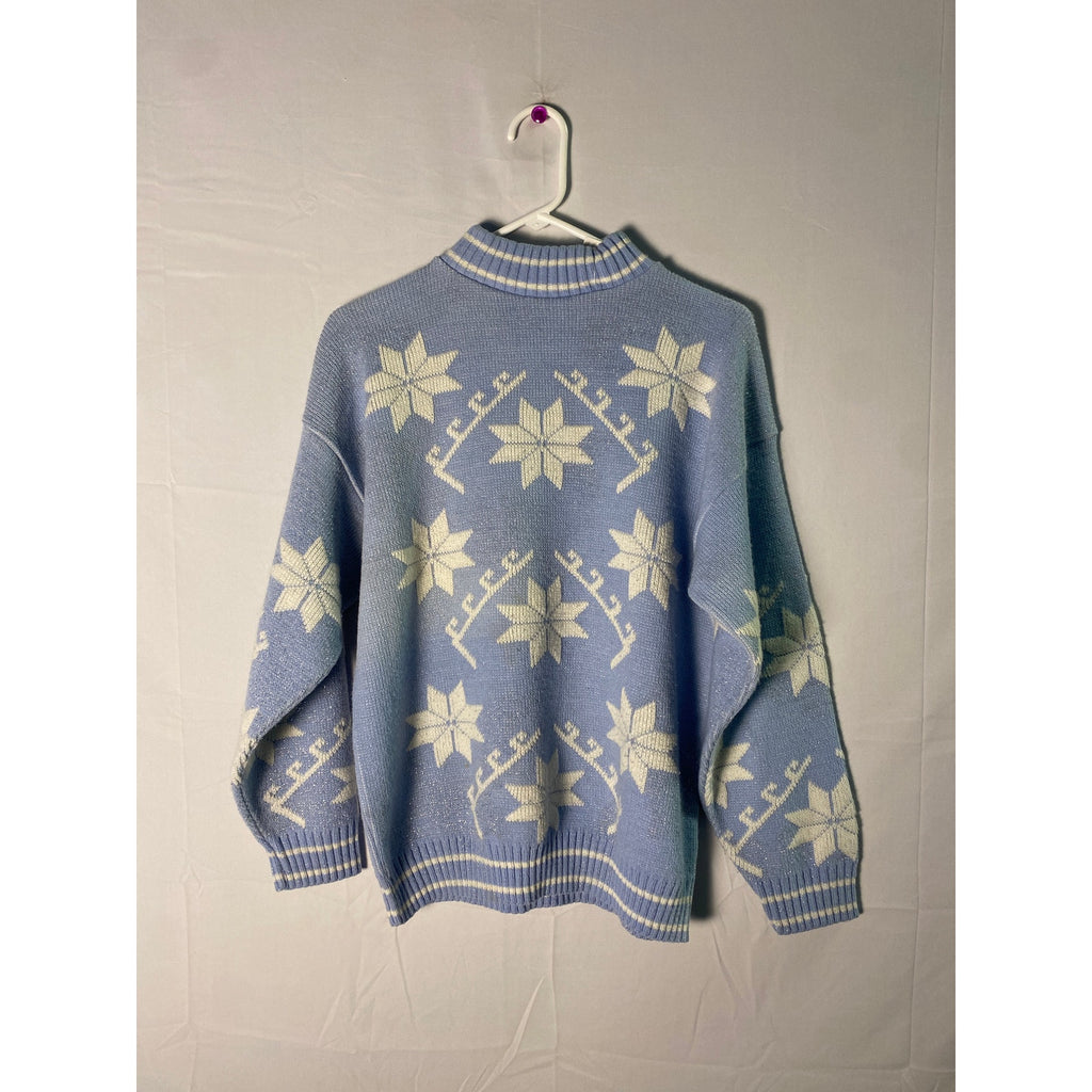 Blue Knit Sweater White Silver Metallic Snowflakes Turtleneck Women's Medium
