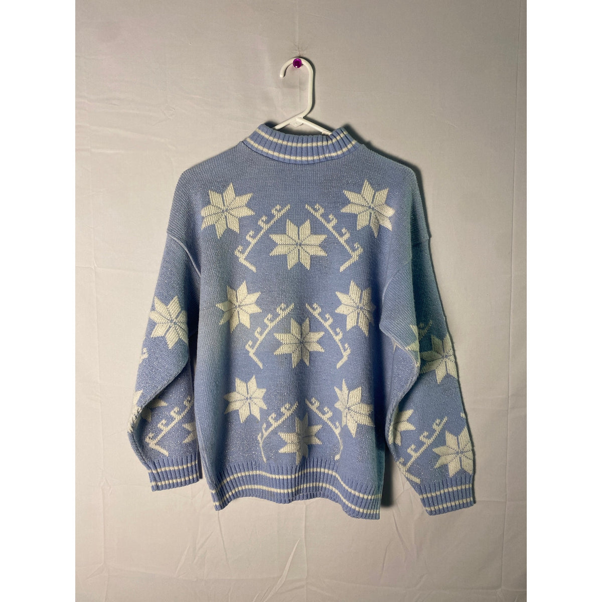 Blue Knit Sweater White Silver Metallic Snowflakes Turtleneck Women's Medium