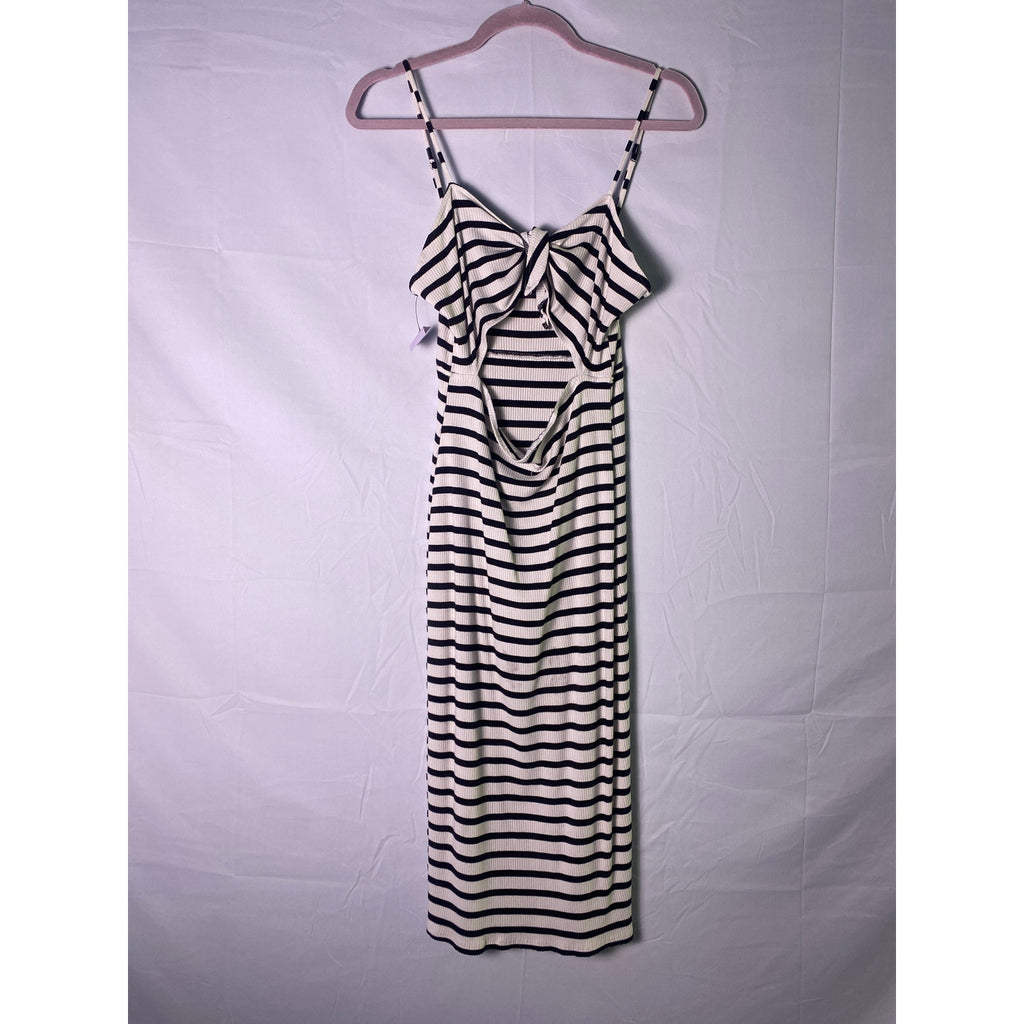 Forever 21 Black & White Striped Knit Maxi Dress Front Cut-Out Womens Size Large