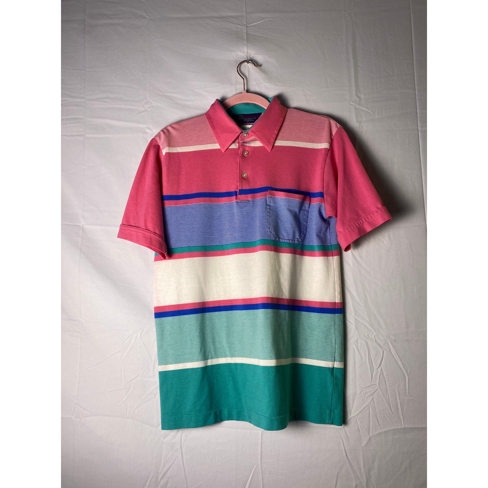 Vintage Arrow Pink White Green Striped 1/4 Button Polo Shirt Short Sleeve Medium