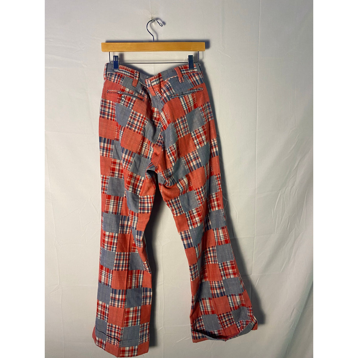 Vintage 70s Farah Red White Blue Patchwork Plaid Flare Bell Bottom Pants Large