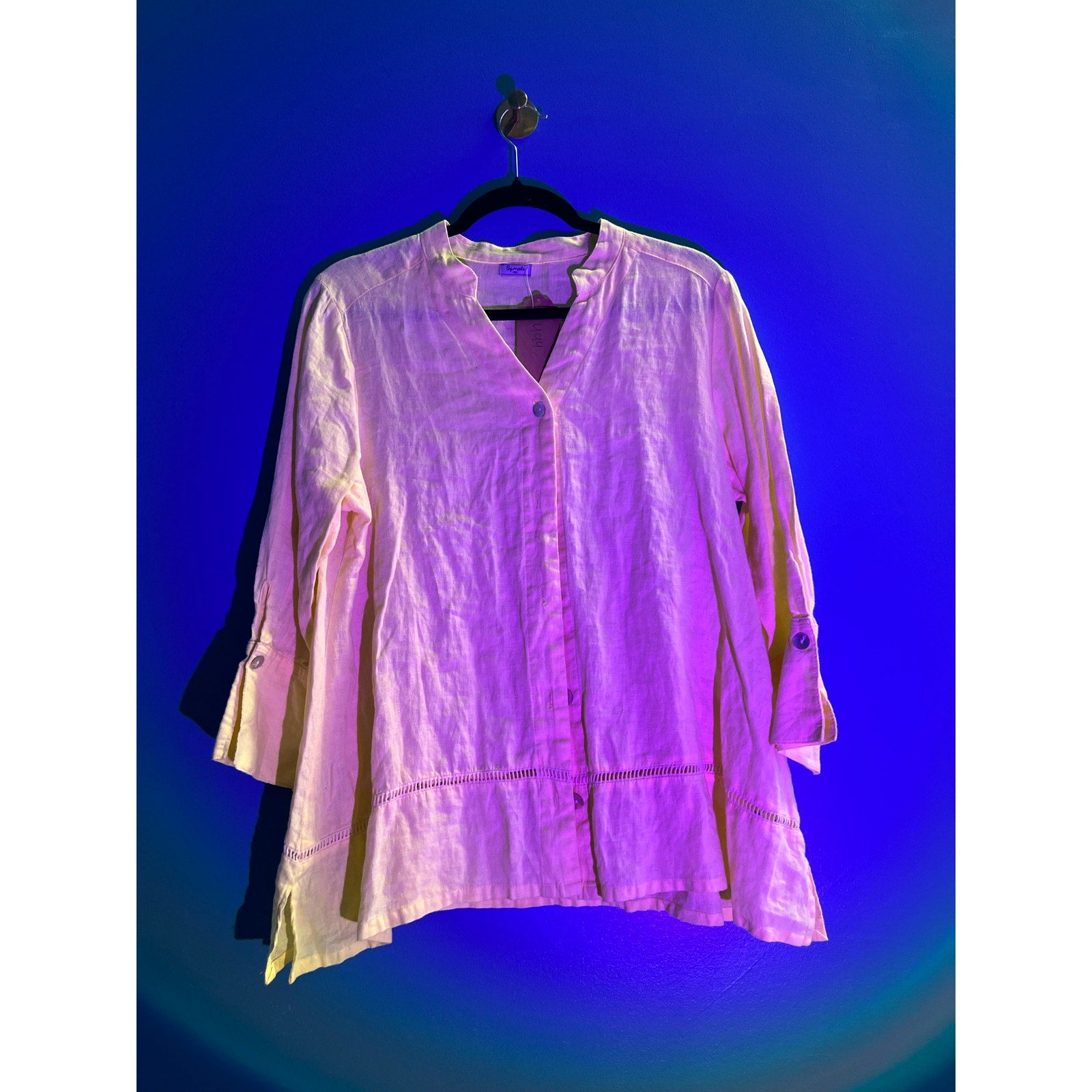 Symple NYC Button Up Long Sleeve Blouse Yellow Linen Blend Women's Size Small