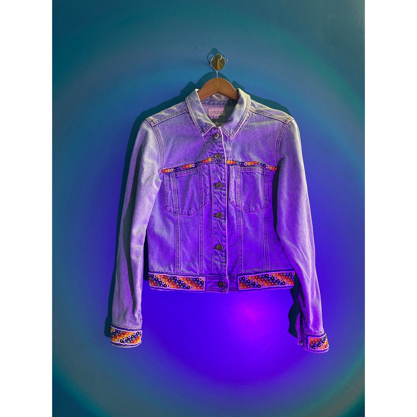 Cache Button Up Colorful Beaded Trim Denim Jean Jacket Women's Size Medium