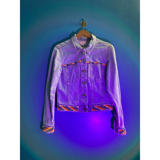 Cache Button Up Colorful Beaded Trim Denim Jean Jacket Women's Size Medium