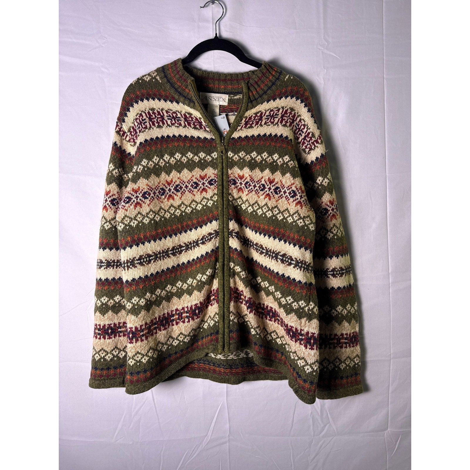 Casual Corner Annex Knit Green Brown Full Zip Cardigan Nordic Print Women Medium
