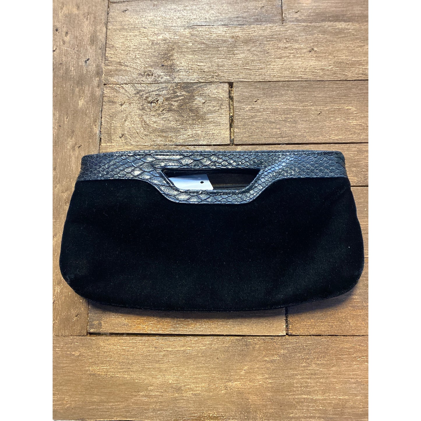 XOXO Black Plush Velvet Handbag with Faux Alligator Accents Womens