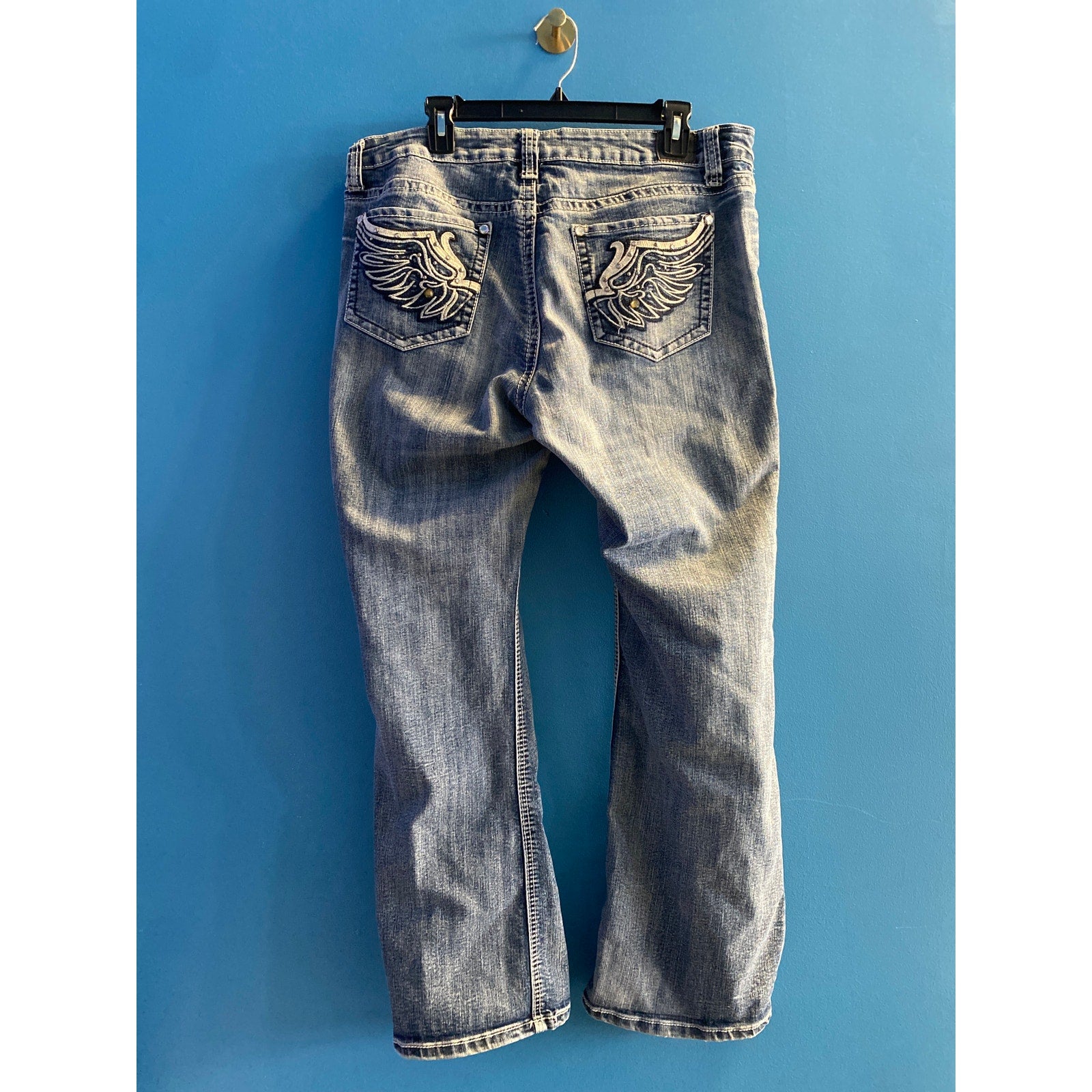 Love Nation Blue Denim Medium Wash Bootcut Jeans Embellished Pockets Size 16