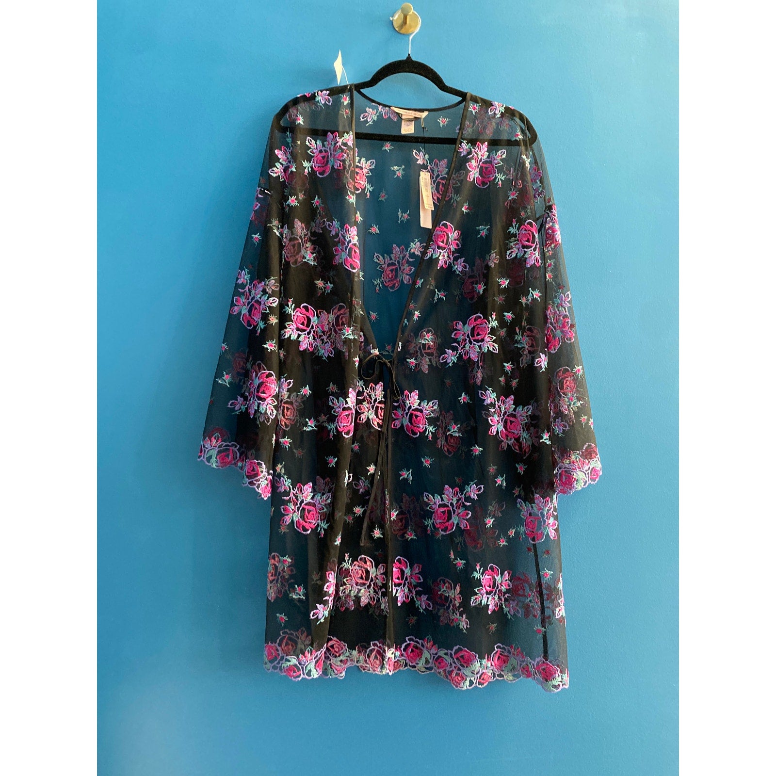 Victoria's Secret Black Floral Embroidery Sheer Mesh Robe Women's Size M/L