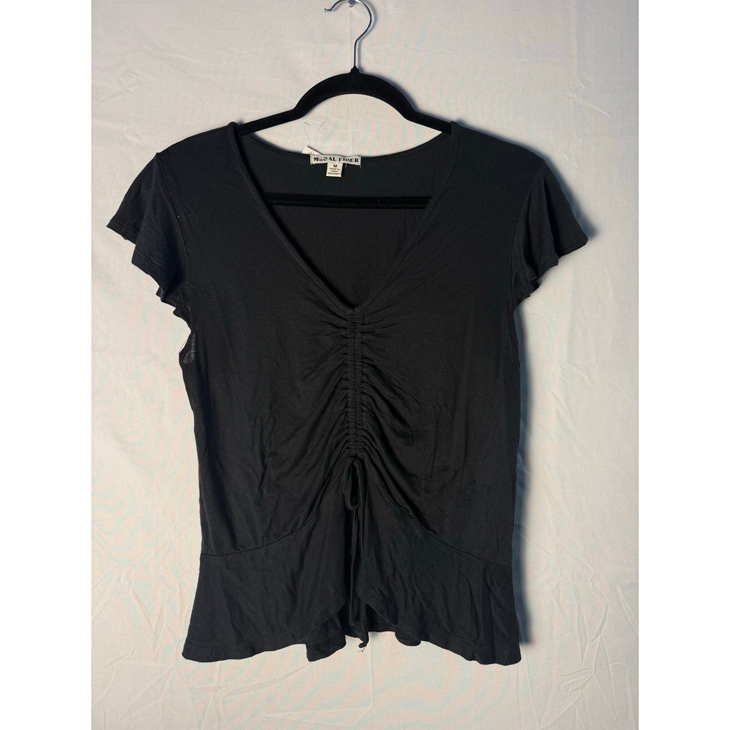 Moral Fiber Black Scrunch Ruched Top V-neck Short Sleeve Women's Size Medium