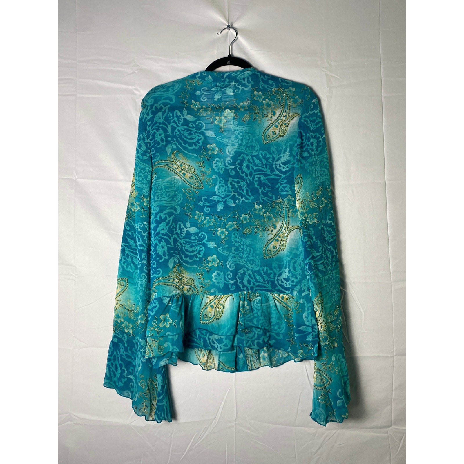 Cocoon Bay Blue Green Floral Button Up Blouse Top Ruffle See Through Hem Medium