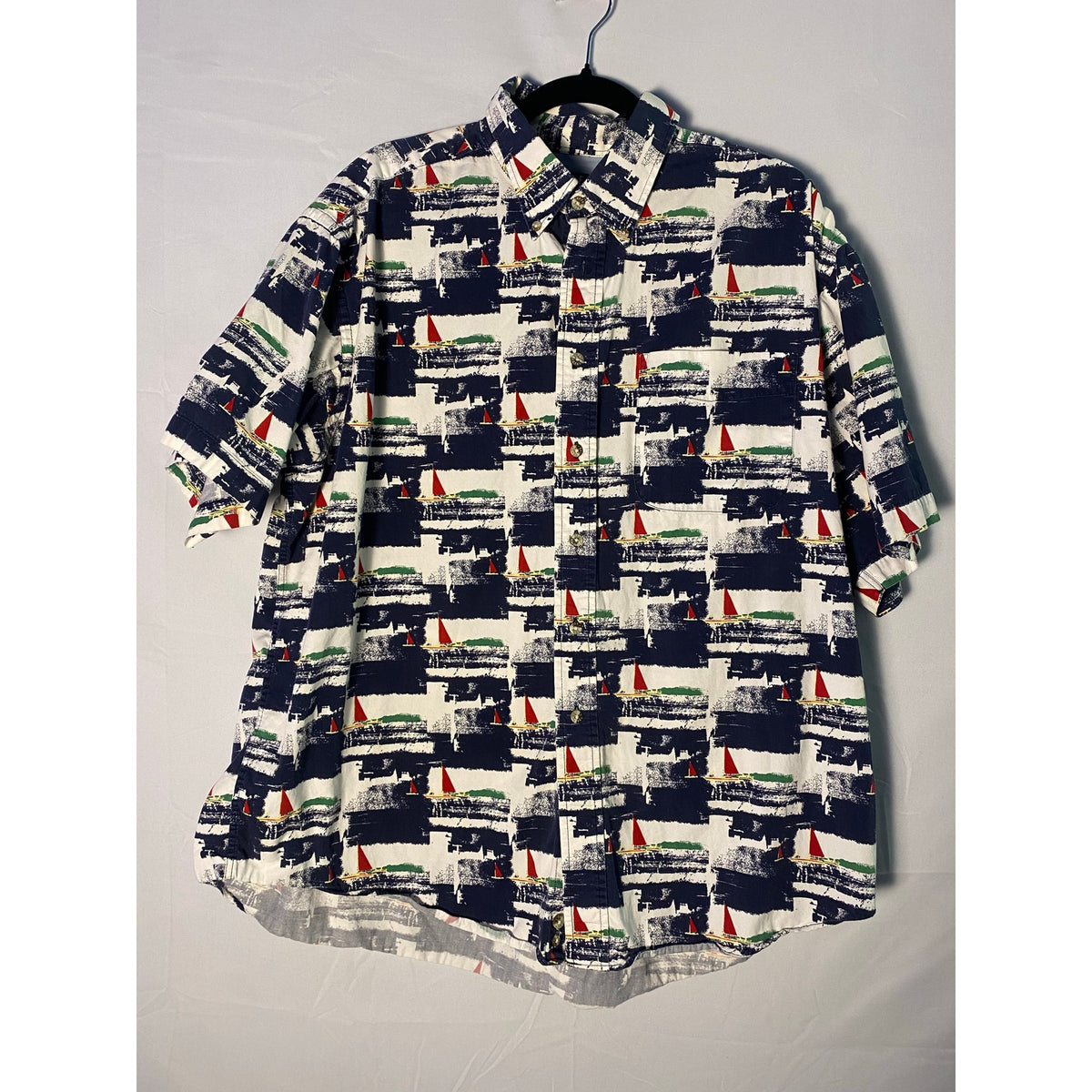 Trader Bay Sailboat Allover print Button Down Shirt 100% Cotton Men's Size XL