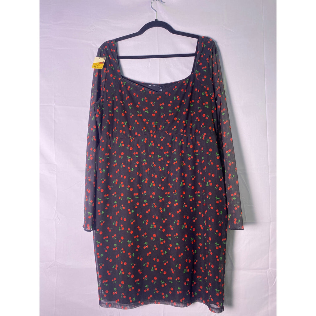 ASOS DESIGN Curve Mesh Ruched Mini Dress w/ Long Sleeves Black Cherry Print 14