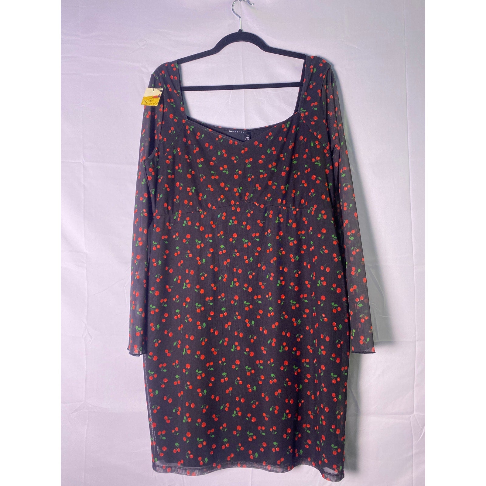 ASOS DESIGN Curve Mesh Ruched Mini Dress w/ Long Sleeves Black Cherry Print 14