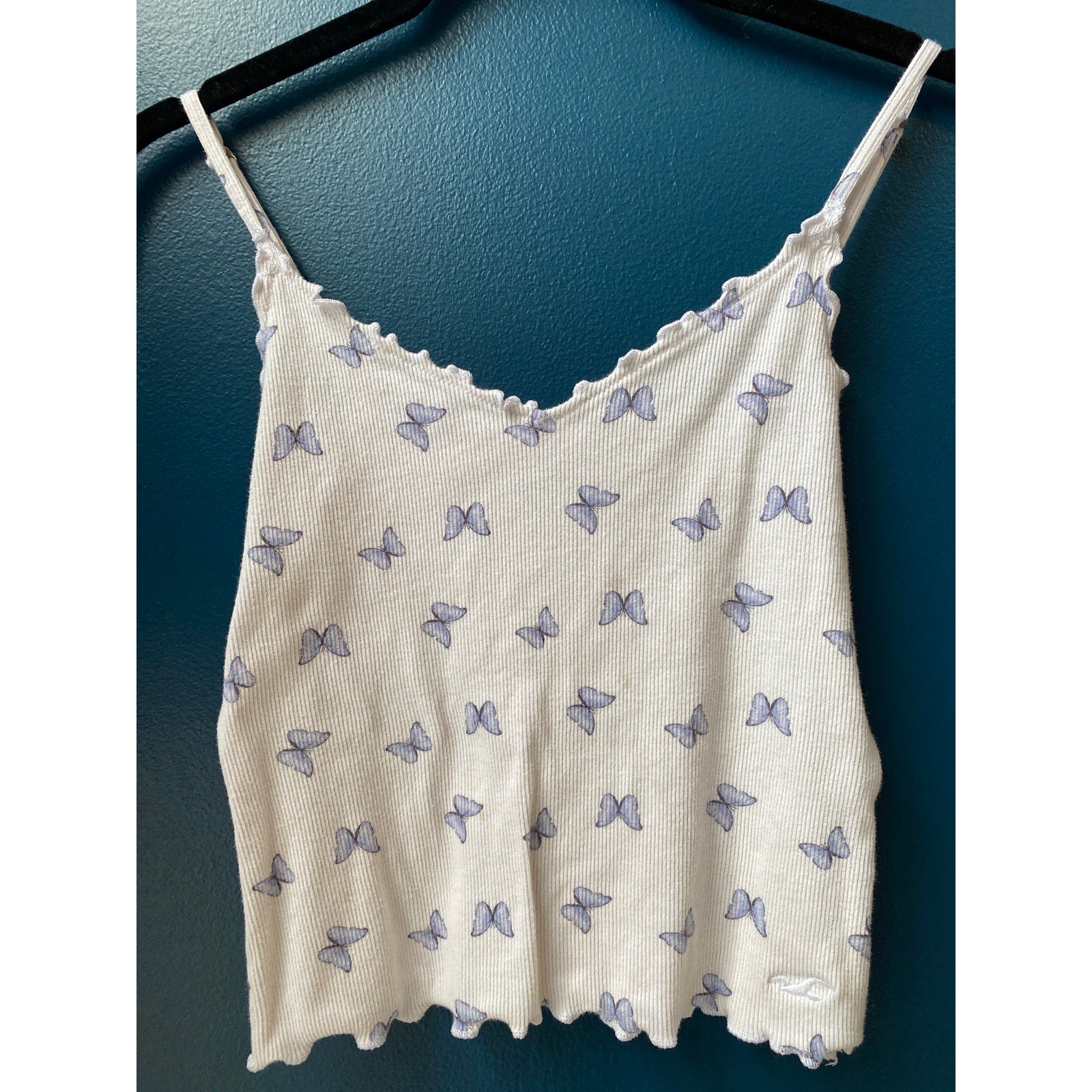 Hollister Blue Butterfly Print Rib Knit Crop Top Sleeveless Women's Size Medium