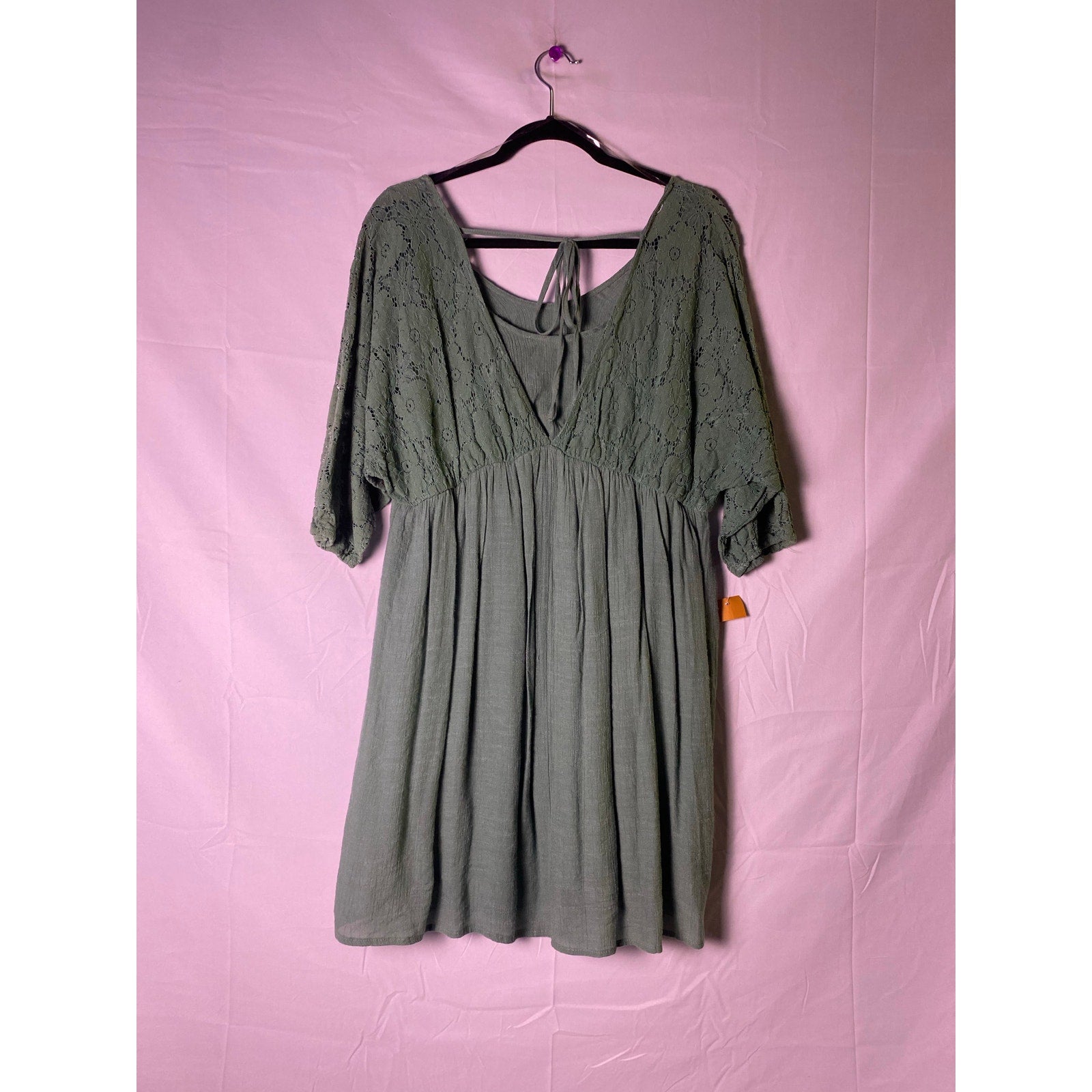 Green Floral Lace 3/4 Sleeve V-neck Babydoll Mini Dress Women's Size Medium