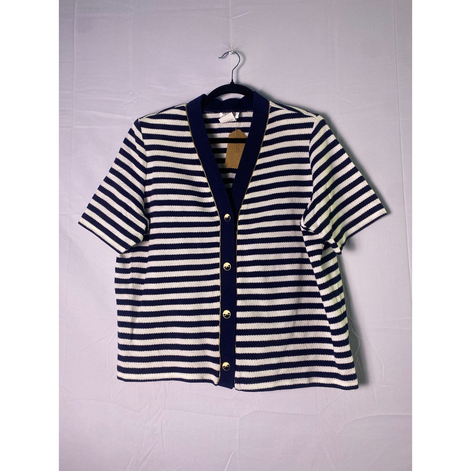 Vintage Regal Navy White Striped Gold Buttons Nautical Cardigan Sweater Size XL