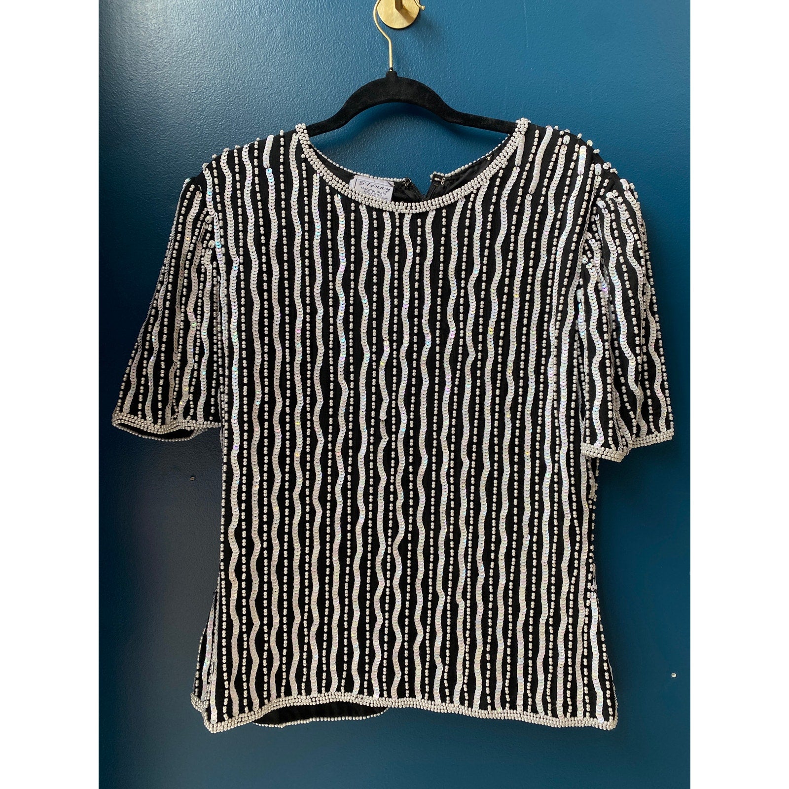 Vintage 80s Stenay Black White Silk Sequins Beaded Shirt Women's Size Large