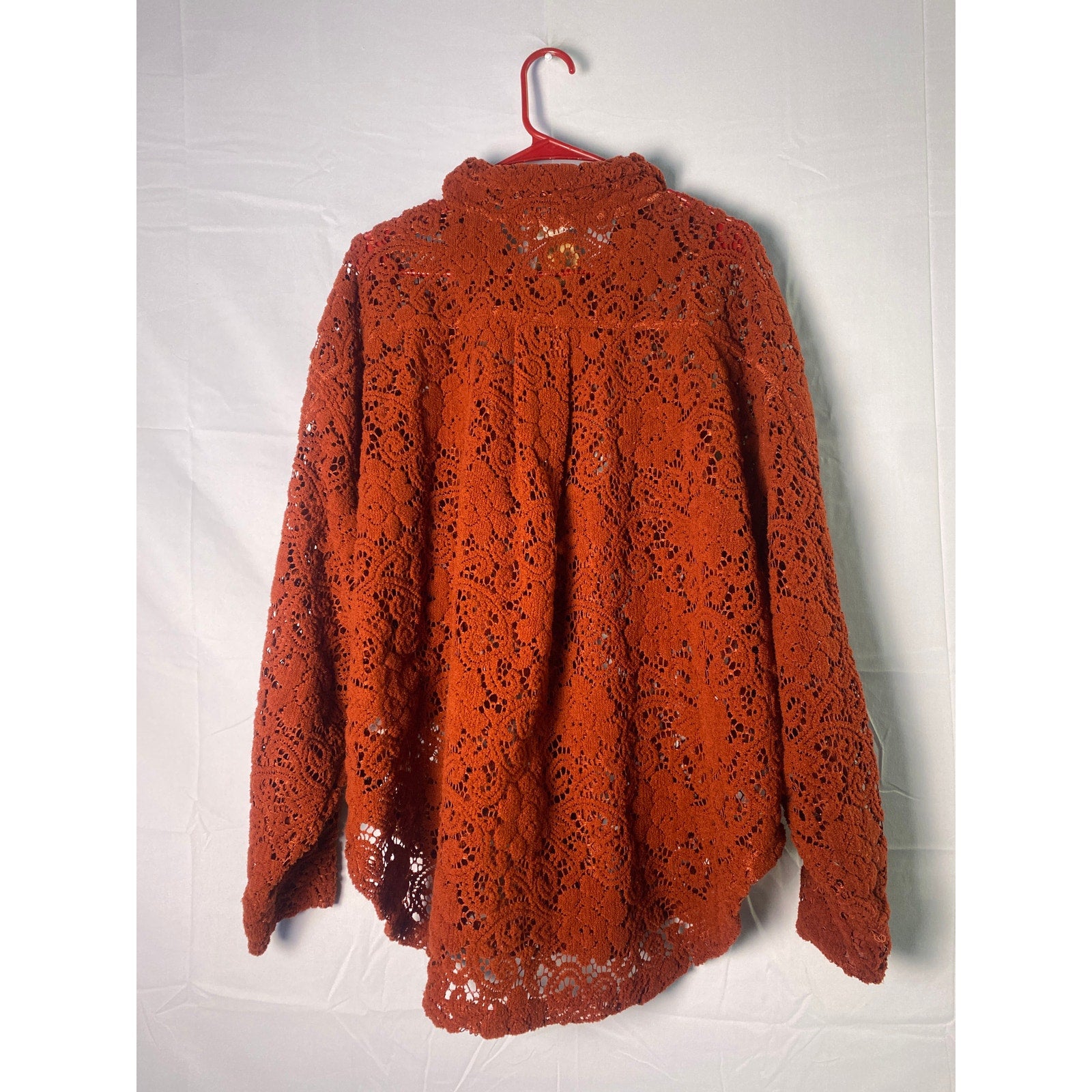 BiBi Fuzzy Red Brown Button Up Floral Crochet Jacket Chest Pockets Women's XL